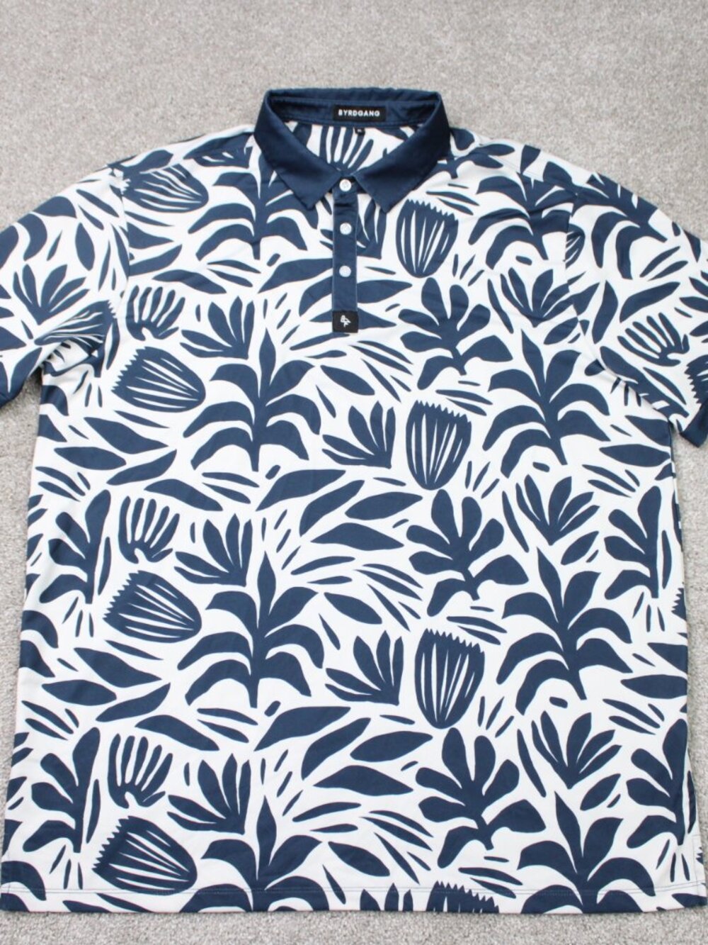 Byrd Gang Polo Shirt Mens XL Blue Floral Polyester Stretch Golf Short Sleeve